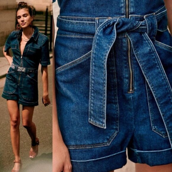 Sezane Denim Romper Front Zipper Size 46 French US 14 Combishorts Luther Passion - Picture 1 of 16